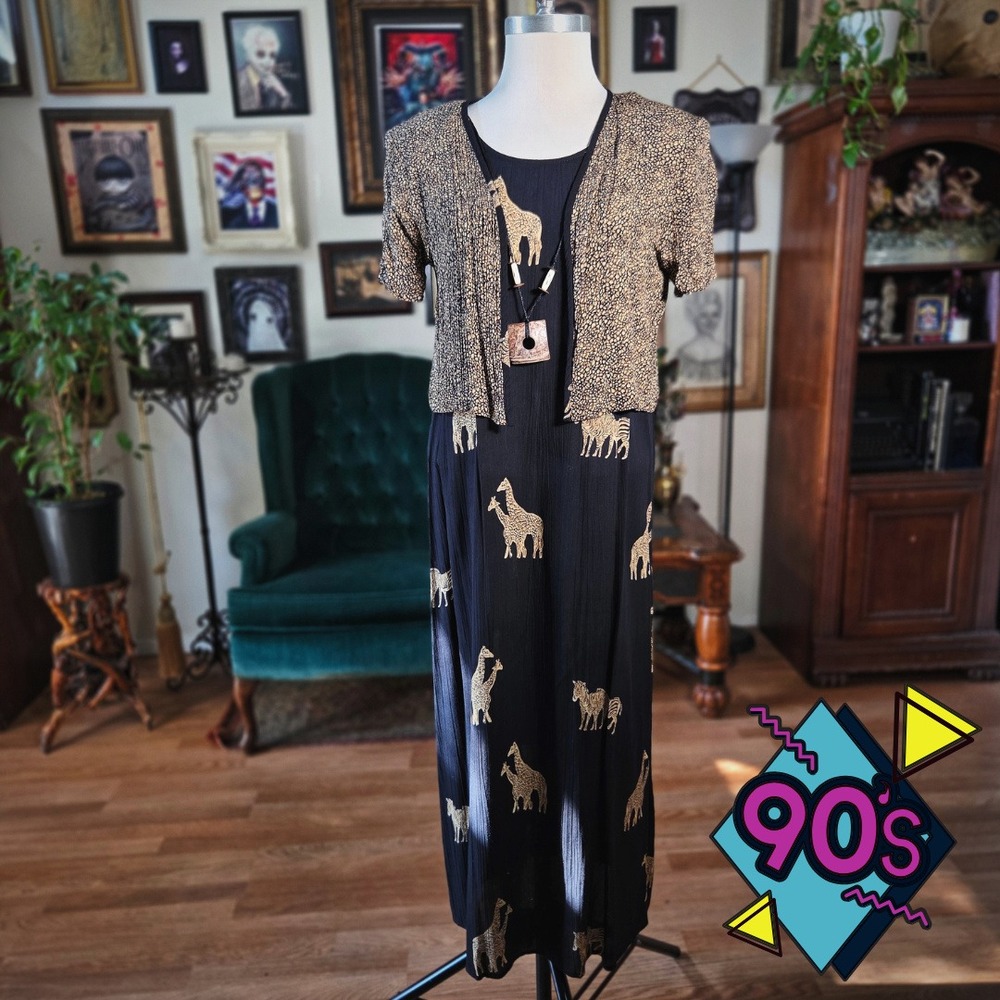 Dawn Joy II Dress Set Vintage 90s Giraffe Zebra Animal Print Black Gold 14P NWT